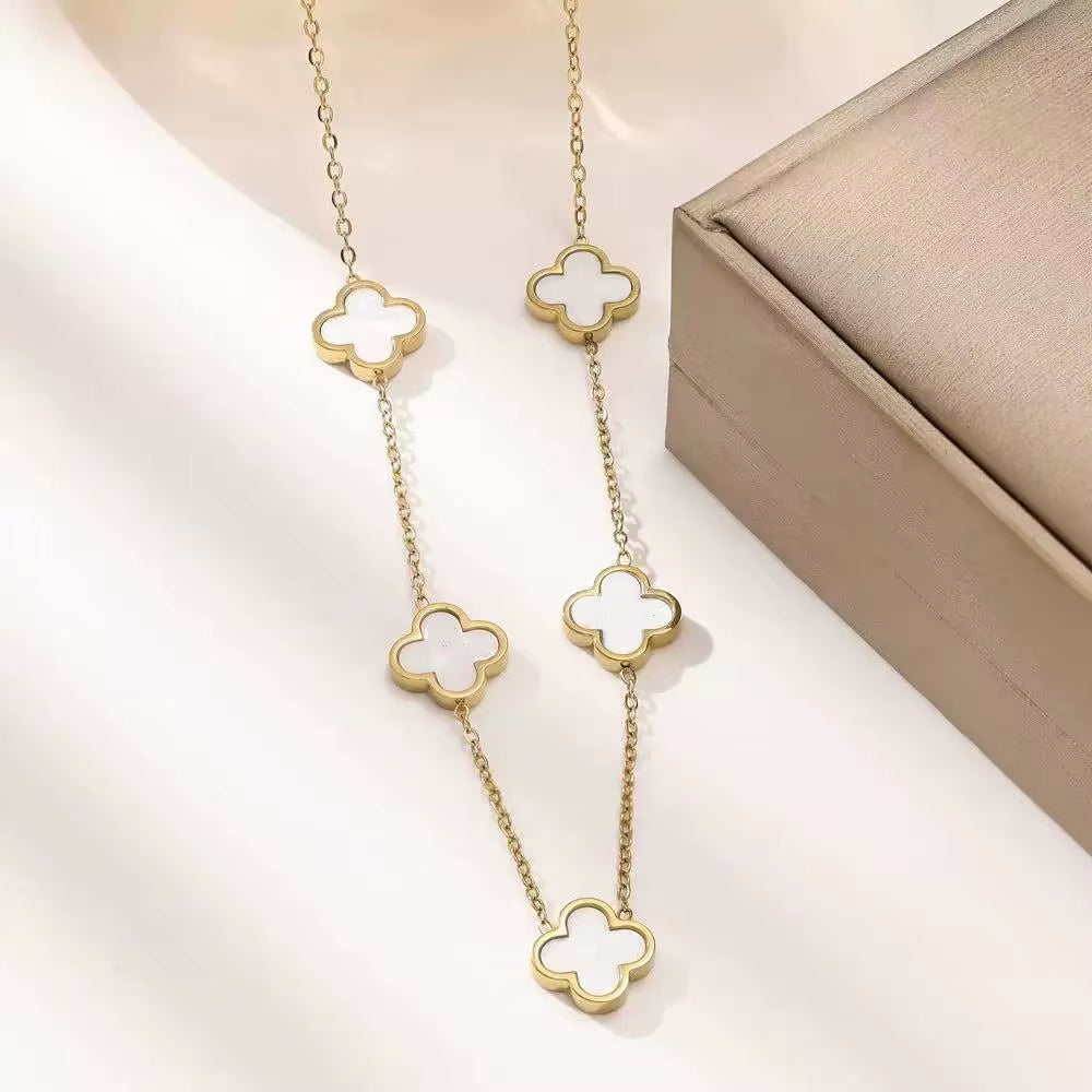Fashionable Lightweight Luxury Stainless Steel One-Sided Mother-Of-Pearl Four-Leaf Clover Necklace 18K High-End Collarbone Chain