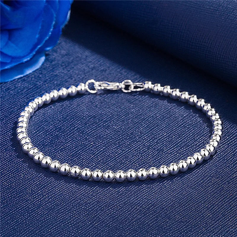 925 Sterling Silver Plated 4MM Beads Ball Chain Bracelet for Women Men Fashion Jewelry Elegant Jewelry Birthday Gift for Women