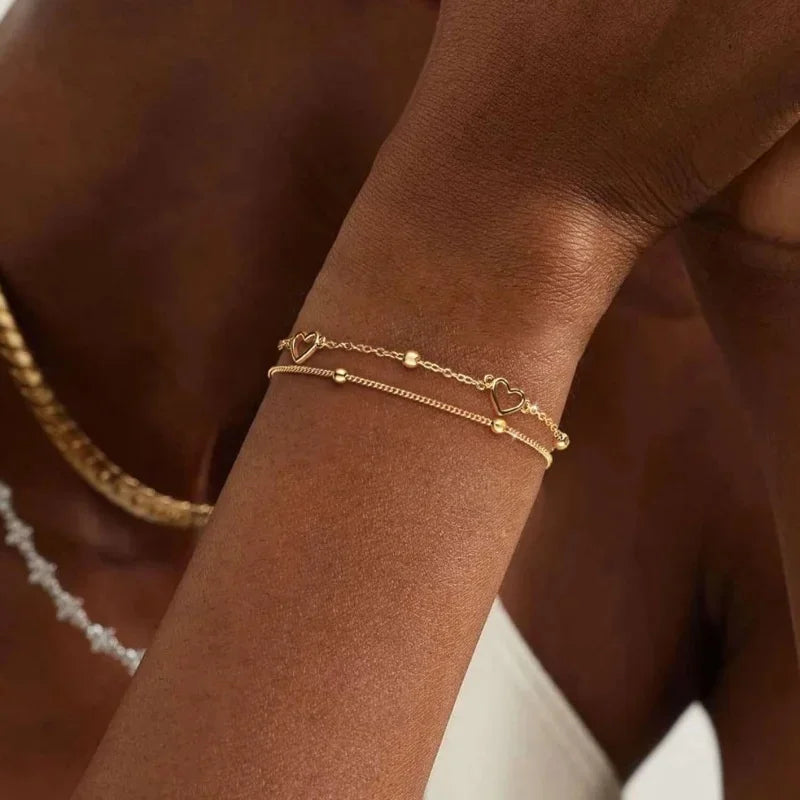 2Pcs Layered Snake Chain Bracelets for Women Dainty Gold Plated Heart Accessories Hand Chain Jewelry for Girlfriend Gift