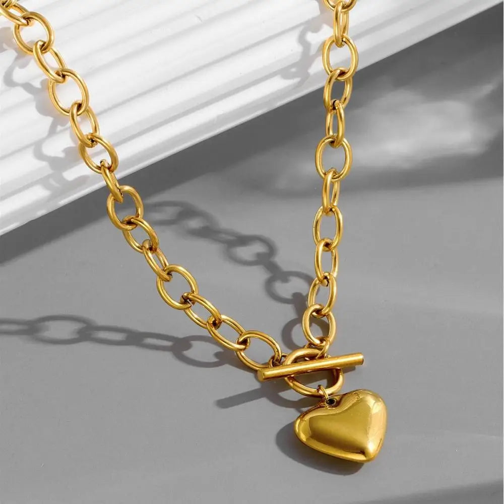 Stainless Steel Love Heart OT Buckle Necklace for Women Thick Clavicle Chain Unique Birthday Wedding Party Jewelry Gifts New