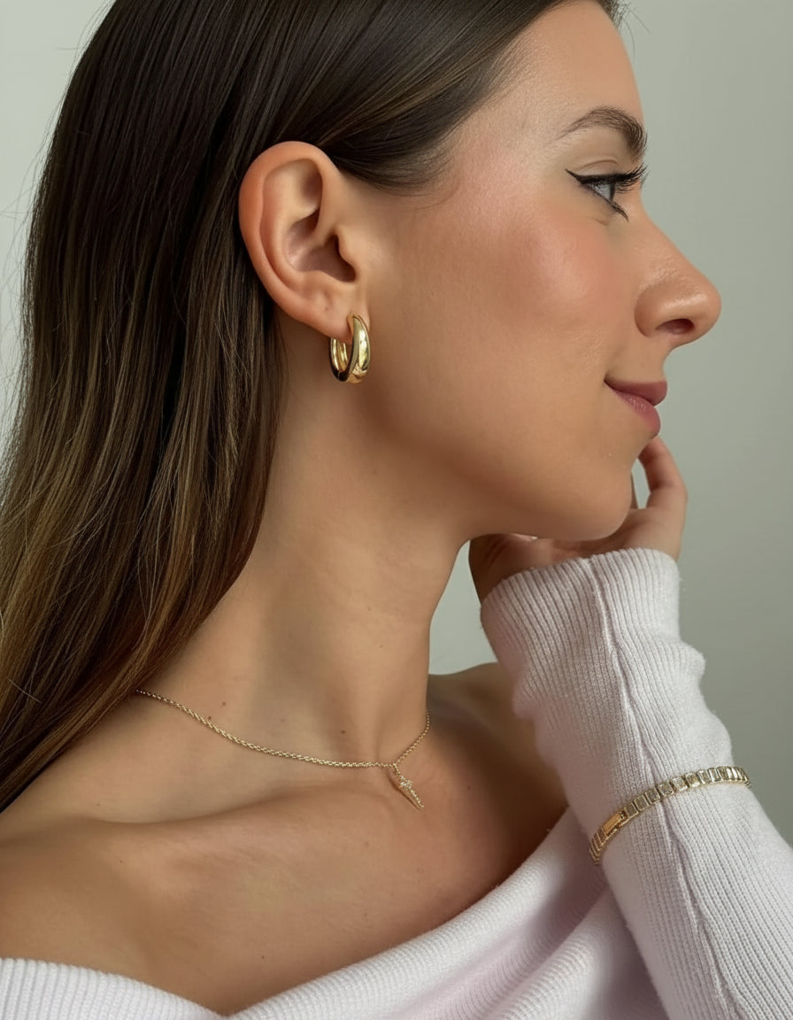 14K Gold Plated Sterling Silver Post Small Chunky Hoops Earrings | Thick Lightweight Gold Hoop Earrings for Women Retro Style