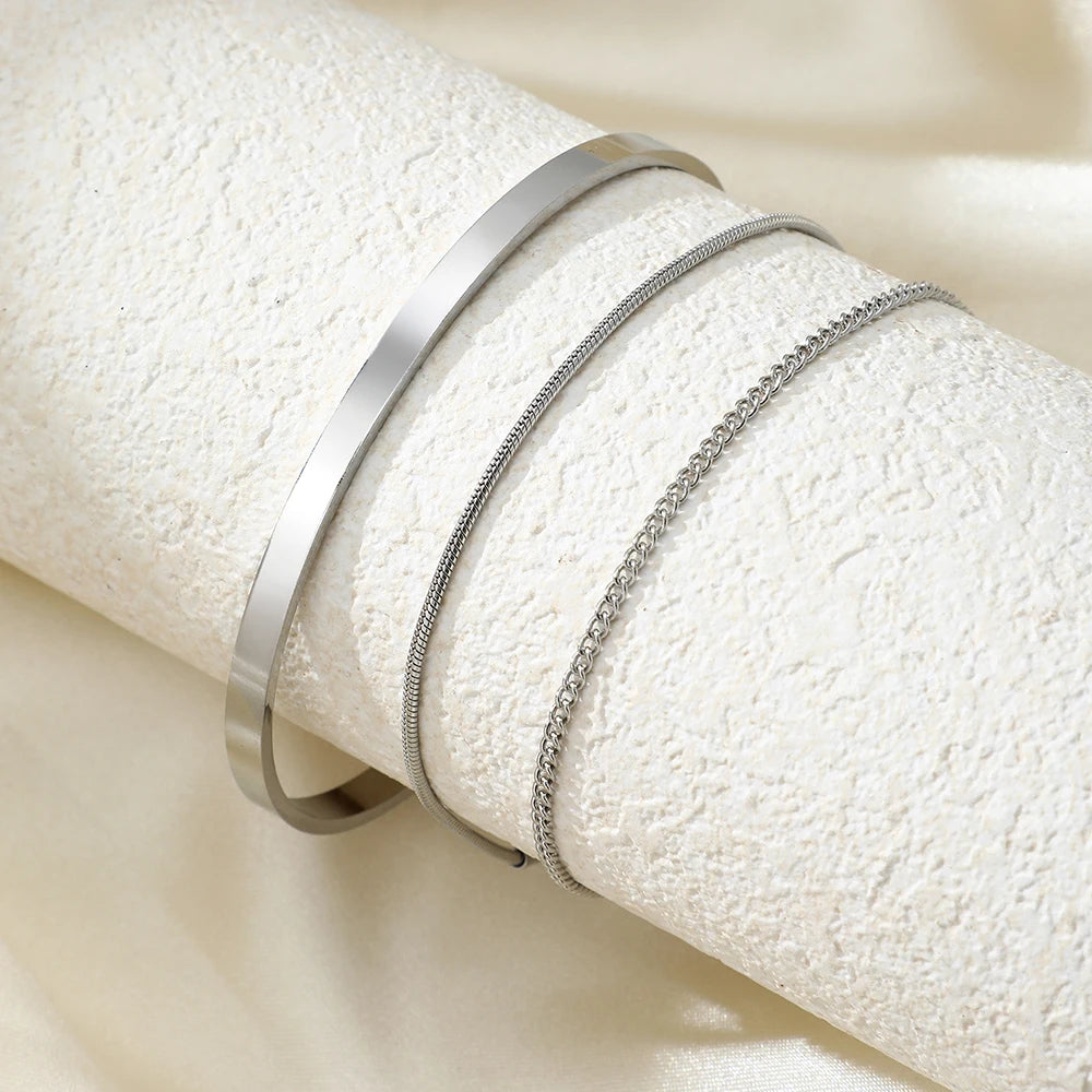 Stainless Steel Silver Color Men Snake Bone Chain Bracelet Simple Non-Fading Open Bracelet for Women Fashion Hip Hop Jewelry