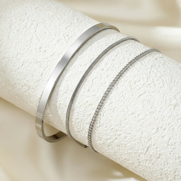 Stainless Steel Silver Color Men Snake Bone Chain Bracelet Simple Non-Fading Open Bracelet for Women Fashion Hip Hop Jewelry