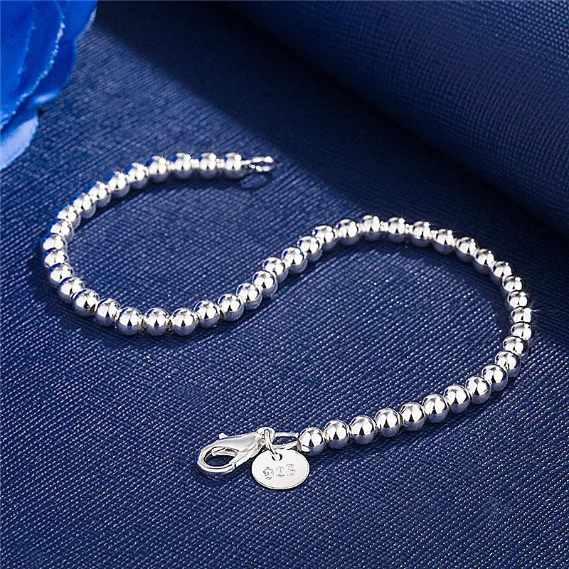 925 Sterling Silver Plated 4MM Beads Ball Chain Bracelet for Women Men Fashion Jewelry Elegant Jewelry Birthday Gift for Women