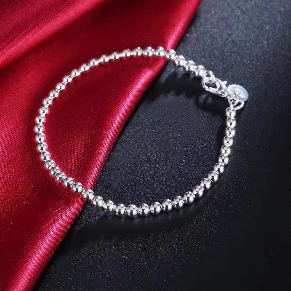 925 Sterling Silver Plated 4MM Beads Ball Chain Bracelet for Women Men Fashion Jewelry Elegant Jewelry Birthday Gift for Women