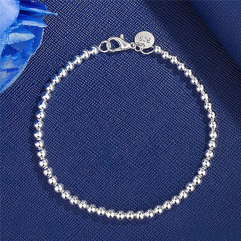 925 Sterling Silver Plated 4MM Beads Ball Chain Bracelet for Women Men Fashion Jewelry Elegant Jewelry Birthday Gift for Women