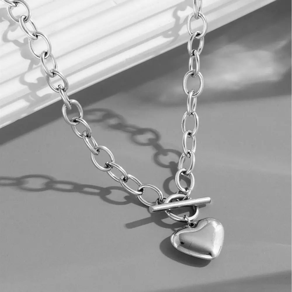 Stainless Steel Love Heart OT Buckle Necklace for Women Thick Clavicle Chain Unique Birthday Wedding Party Jewelry Gifts New