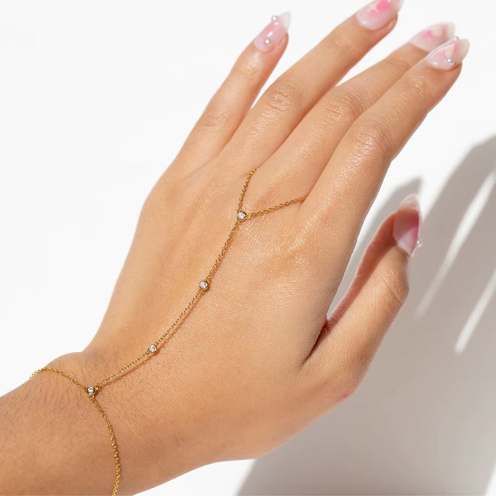 18K Gold Plated Stainless Steel Hand Chain Bracelet Zircon Link Slave Finger Ring Bracelet Fashion Jewelry for Women