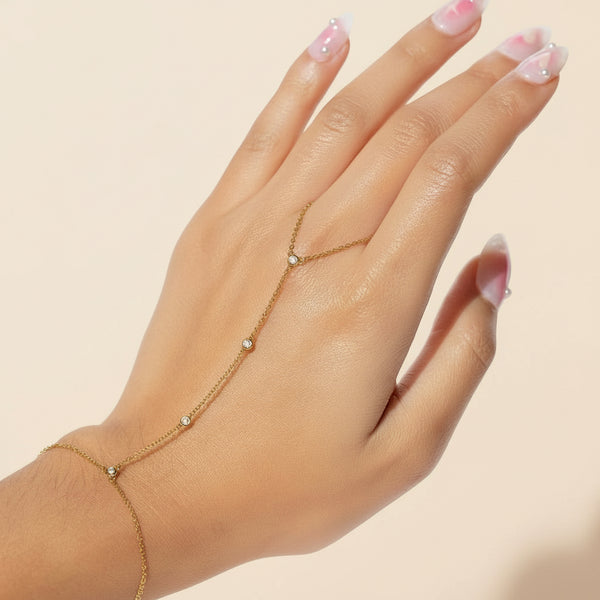 18K Gold Plated Stainless Steel Hand Chain Bracelet Zircon Link Slave Finger Ring Bracelet Fashion Jewelry for Women